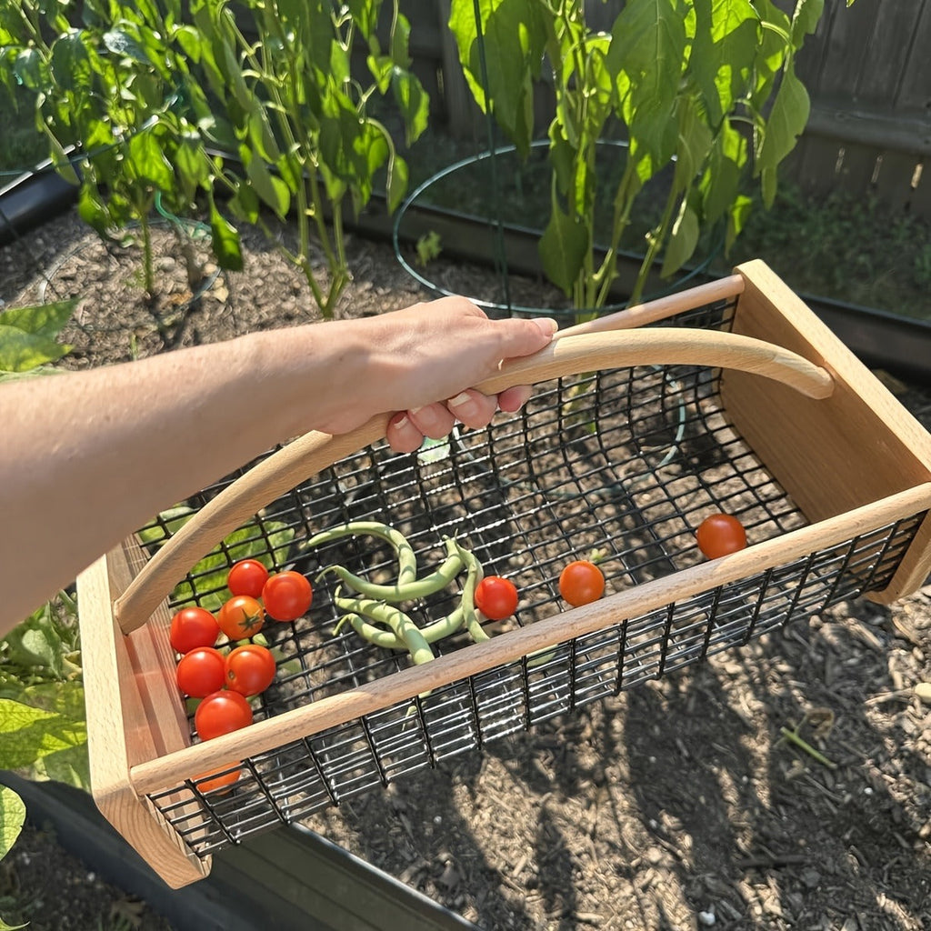 Garden Harvest Basket Metal Mesh with Wooden Handle – Rectangle Vegetable Fruit Picking Basket for Garden, Kitchen & Farmhous