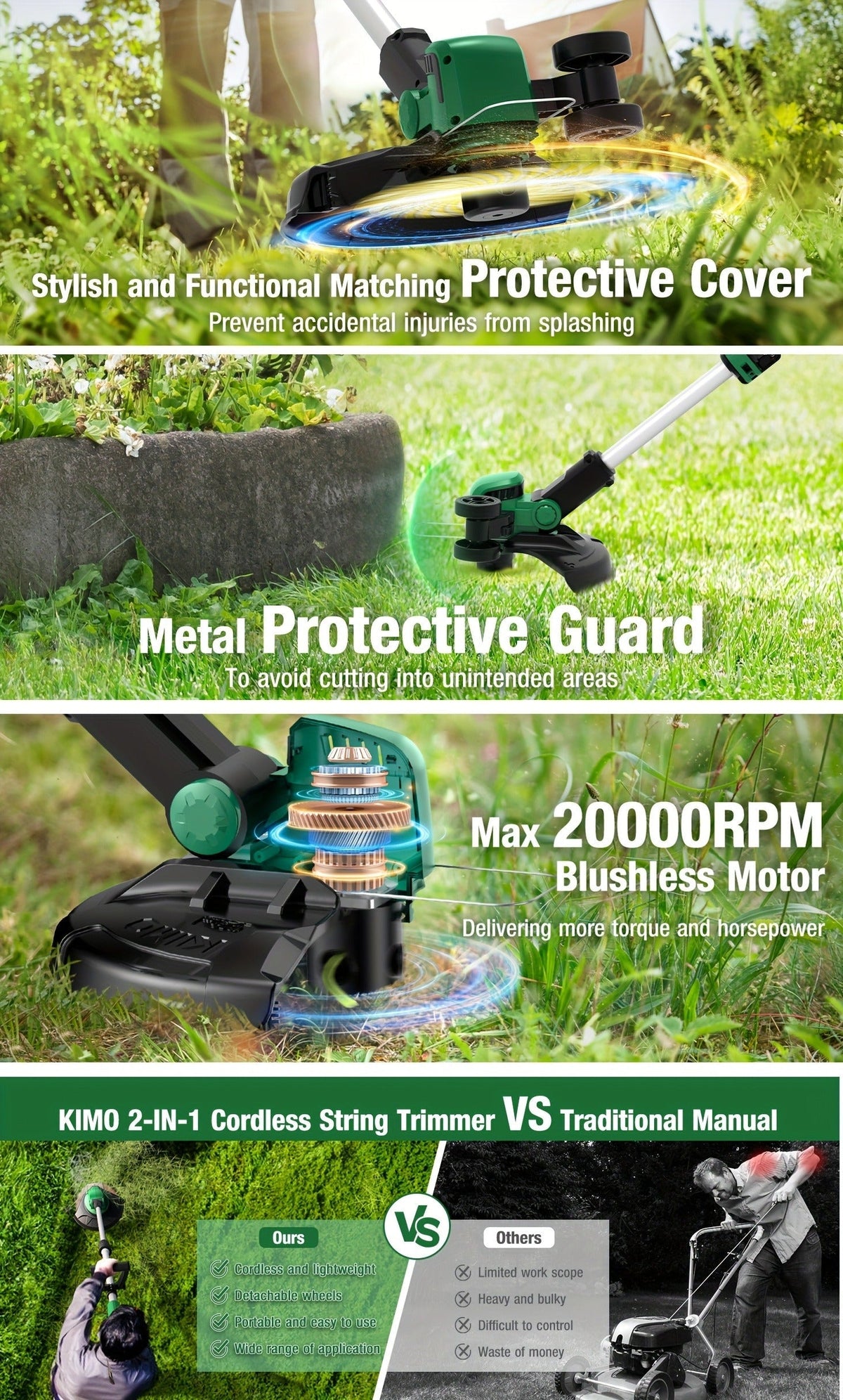 String Trimmer Cordless 2-in-1 Weed Wacker & Lawn Edger with Wheels, KIMO Brushless Motor 20000 RPM — image 14