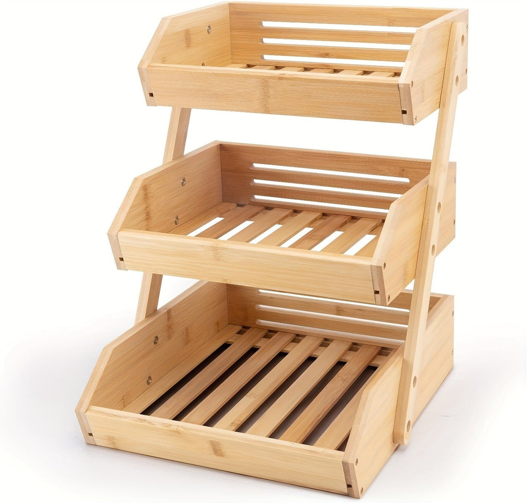 Fruit Basket Stand 2 & 3 Tier Wooden Countertop Organizer Large Capacity Kitchen Storage for Fruits Vegetables Bread Produce 