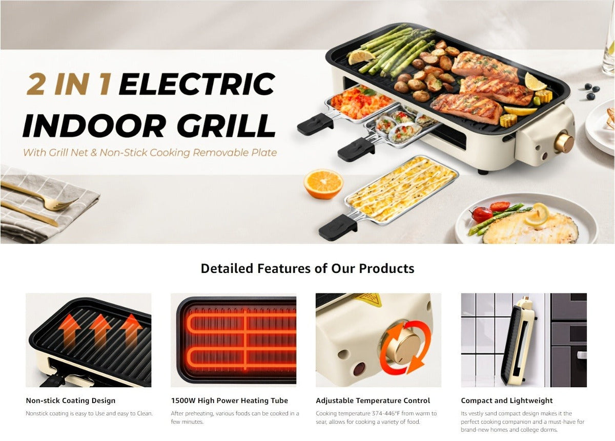 Indoor Smokeless Electric Grill 1500W Non-Stick Raclette Table Grill with Removable Plate & 3 Mini Pans Compact BBQ Griddle —