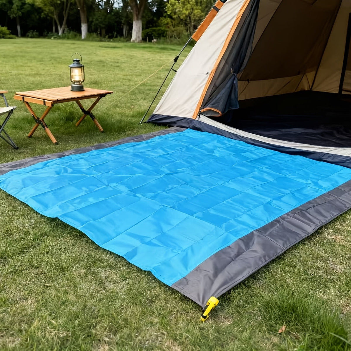 210 x 200cm Picnic Mat with Blue Center Panel, Grey Border, Drawstring Carry Pouch and Ground Stakes — image 14