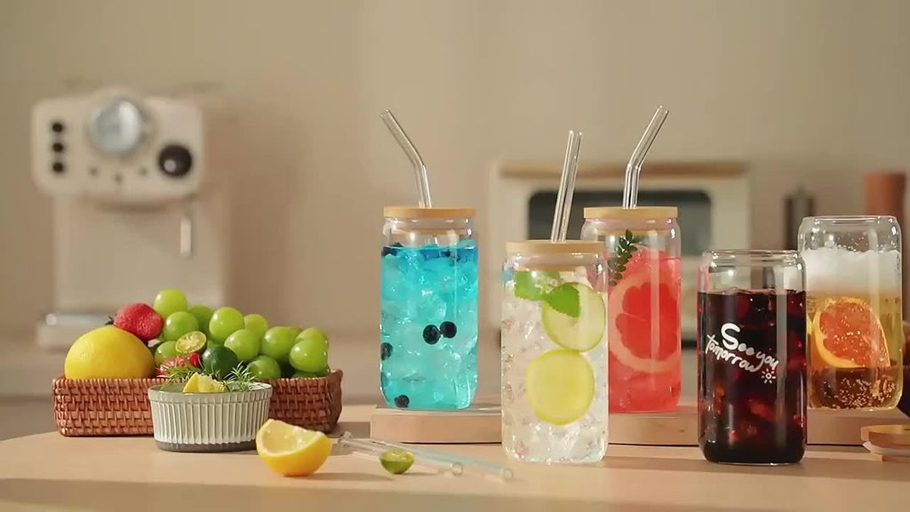 Drinking Glasses Set with Lid and Straw 550ml Oval Glass Cups 4 or 6 Piece, for Home Cooking, Dining and Outdoor Meals — imag