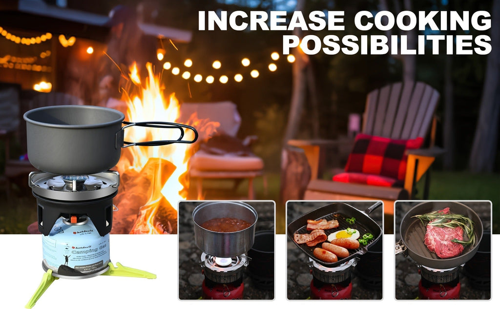 Backpacking Stove Cooking System with Pot Piezo Ignition 1KW Isobutane Burner 1.2L Pot Brackets Included for Garden, Patio an