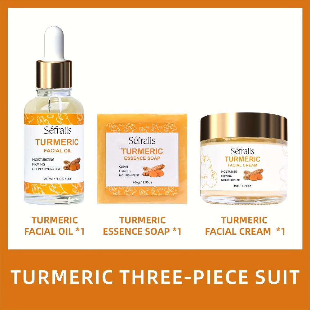 Turmeric Skincare Set 3 Pcs – Turmeric Face Cream, Facial Soap & Essential Oil Kit for Deep Pore Cleansing, Brightening & Moi