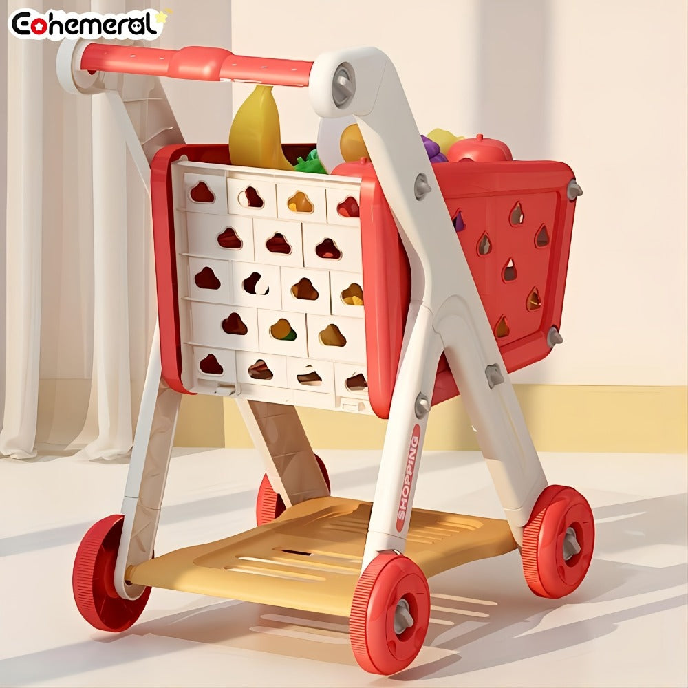 Kids Pretend Play Shopping Cart Toy Set with Realistic Food & Grocery Accessories, Supermarket Role Play for Toddlers Girls B