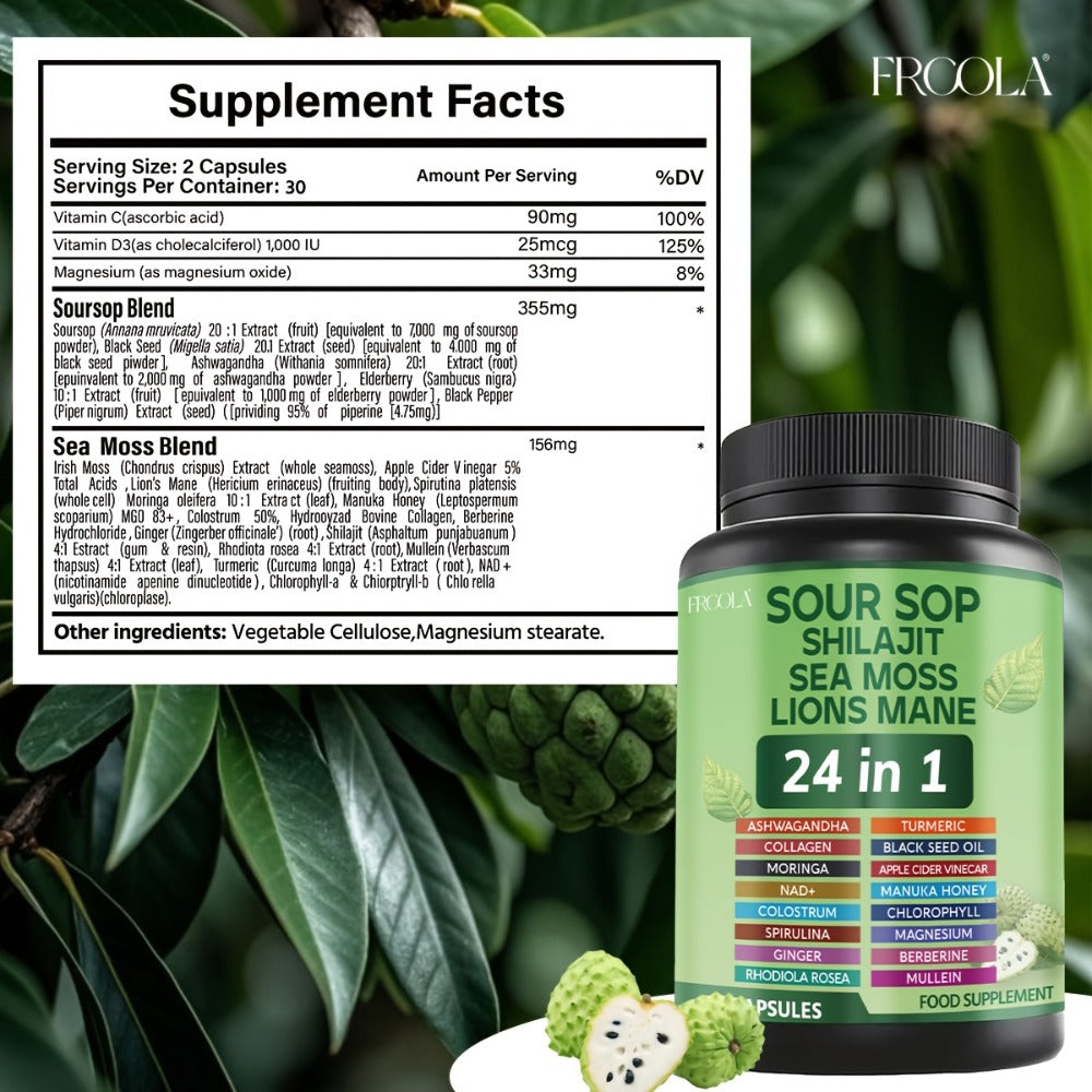 Herbal Supplement with FRCOLA Label, Soursop Shilajit Sea Moss and Lion's Mane 24-in-1 Capsules, 60 Count — image 2