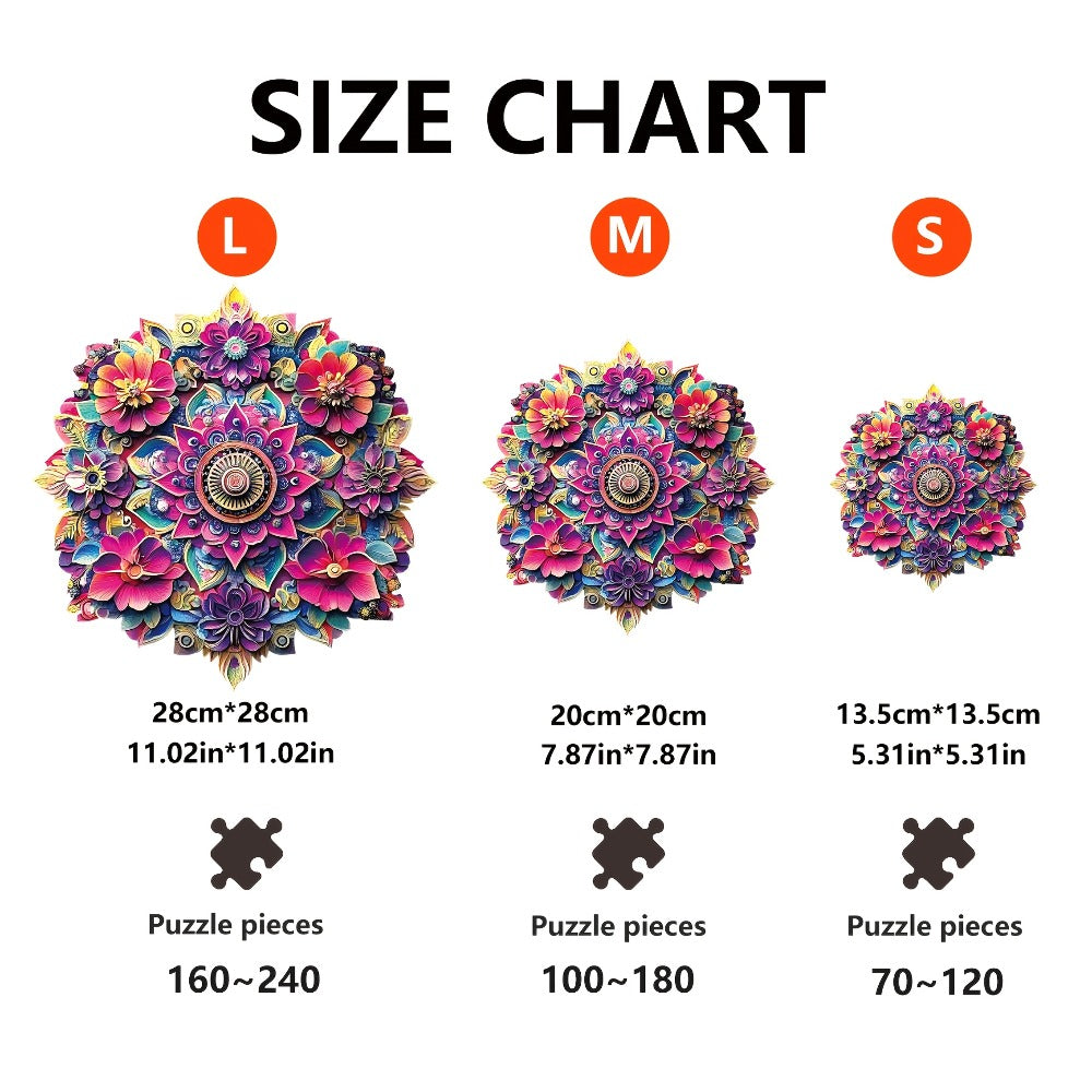 Floral Mandala Wooden Jigsaw Puzzle with Irregular Pieces and S, M and L Options from 5.31 to 11.02 Inches — image 3