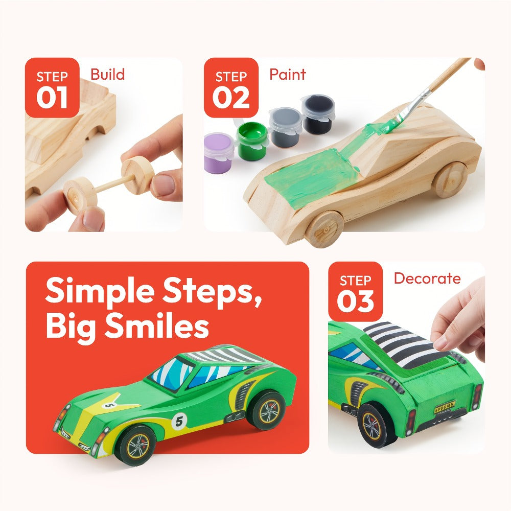 DIY Wooden Race Cars 4pcs Build & Paint Kit for Kids Ages 8+, 44 Pre-Cut Pieces 12 Colors Racing Stickers — image 7