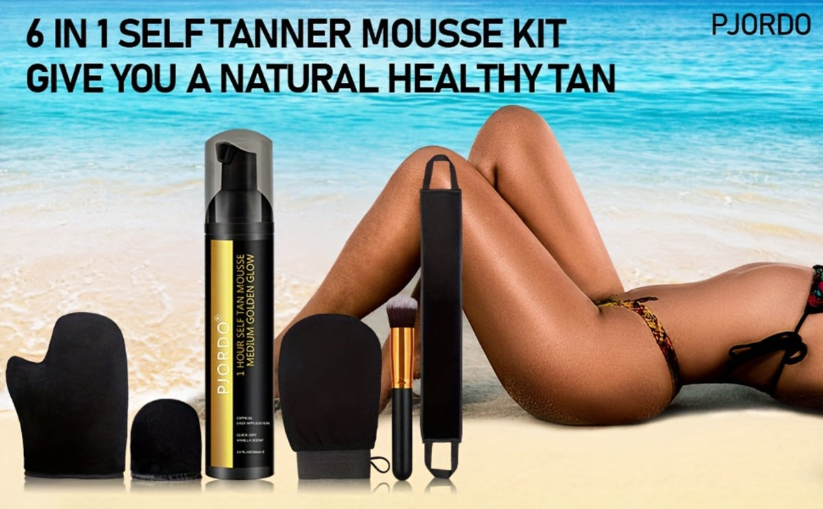 Sunless Tanning Mousse Kit 6-Piece Set with Mitt Applicator – Self Tanner Foam 1 Hour Fast Tan No Fake Smell — image 9