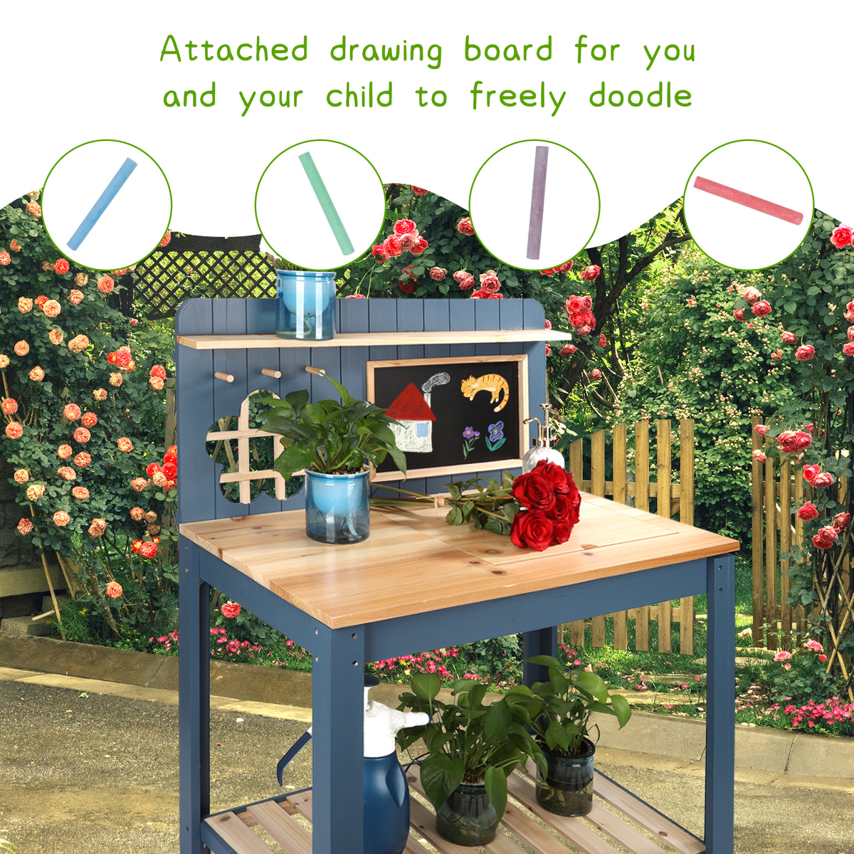 Potting Bench with Blackboard Removable Sink Hooks Double Shelf for Garden — image 21