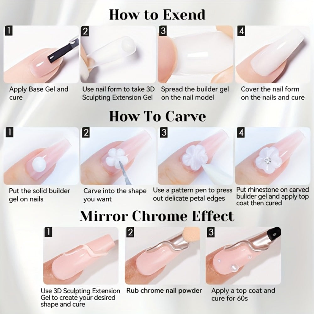 3D Sculpting Builder Gel Kit with Carving Pen – Clear & White Nail Extension Gel for Floral Nail Art, Acrylic Extensions & DI
