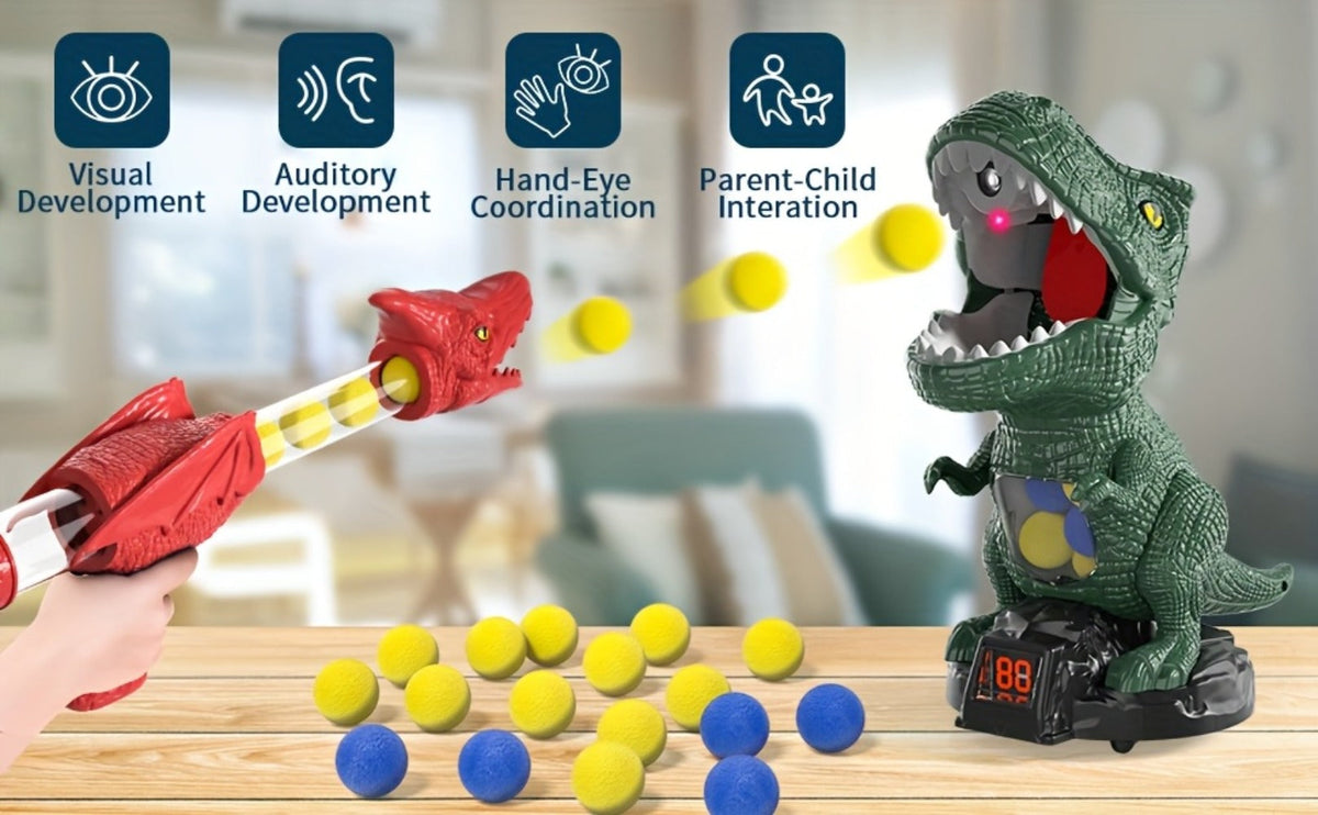 Dinosaur Shooting Game Toy with Sound Light & Spray, Movable Dino Target Launcher Set with Foam Bullets & Goggles for Boys Ki