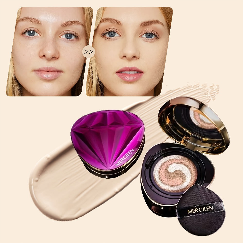 Air Cushion BB Cream Foundation Moisturizing Medium Coverage Dewy Finish with Plant Squalane Glycerin Tri-Color Adaptive Blen