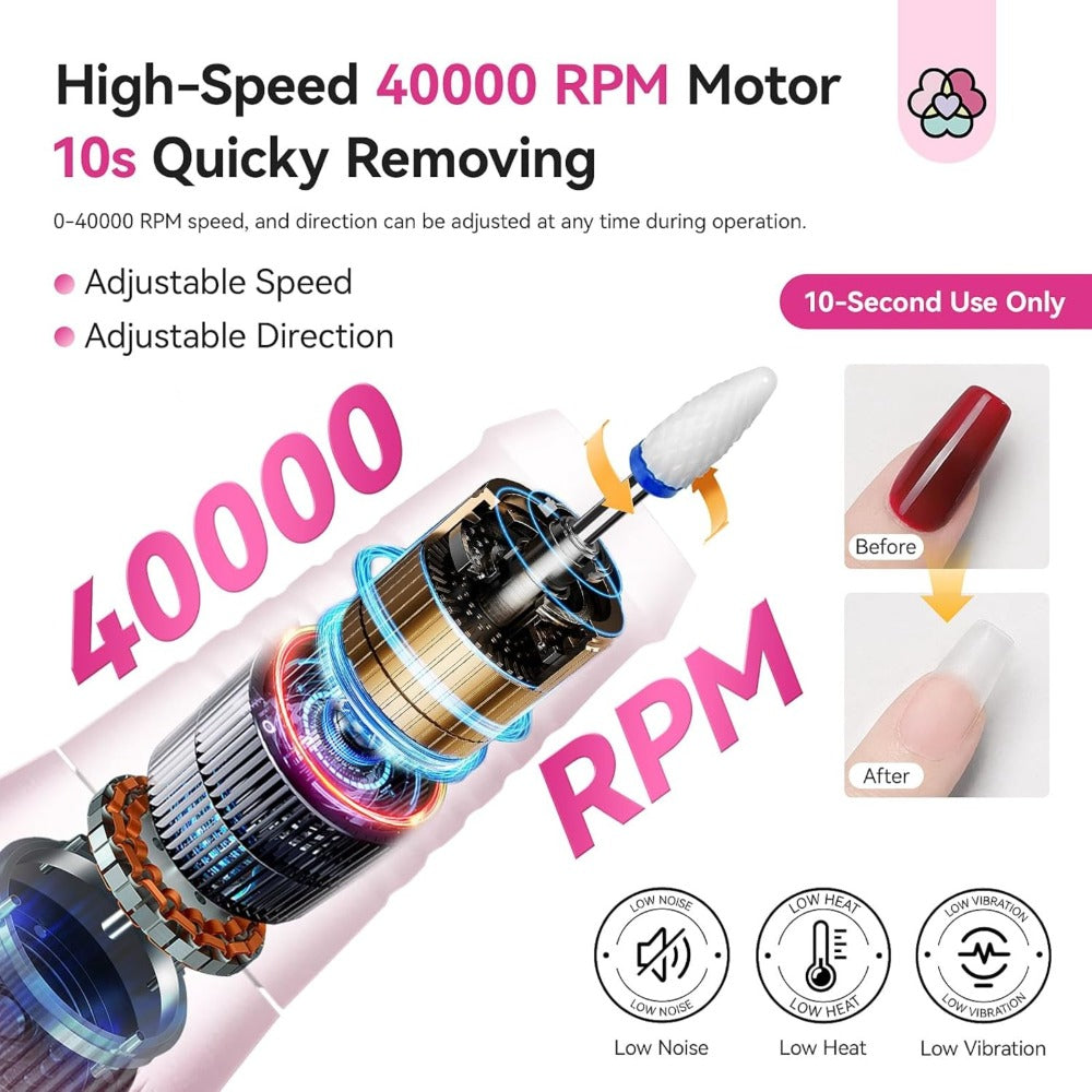 Electric Nail Drill 40000 RPM Rechargeable Professional Nail Drill Machine 4000mAh Battery LCD Display Ceramic Bits Sanding B