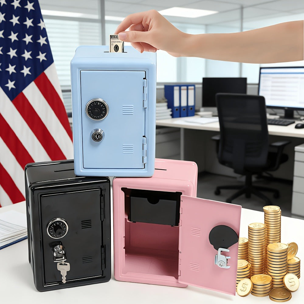 Metal Coin Bank Safe with Key and Combination Lock – Secure Steel Money Box with Removable Drawer, Coin Slot & Cash Storage f