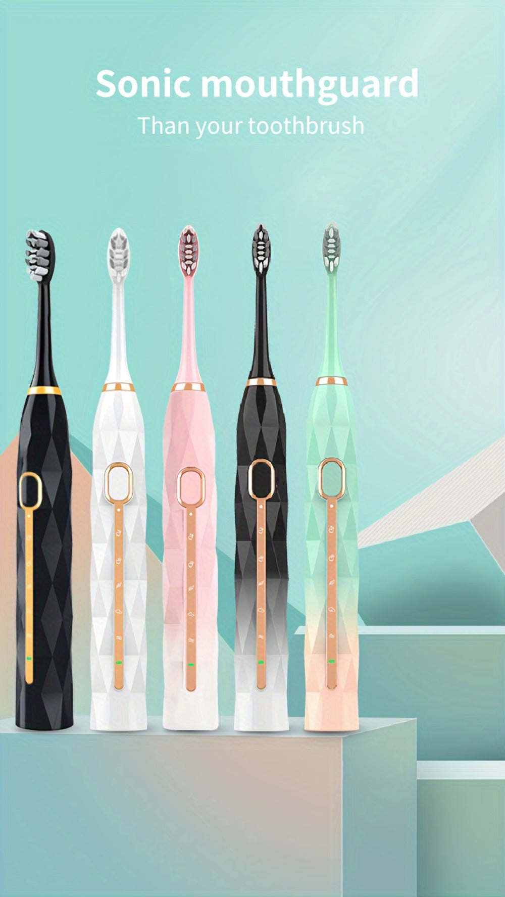 IPX8 Sonic Electric Toothbrush with 8 Replacement Brush Heads – Metal Shaft, USB Rechargeable 500mAh, Travel Case & Holder — 