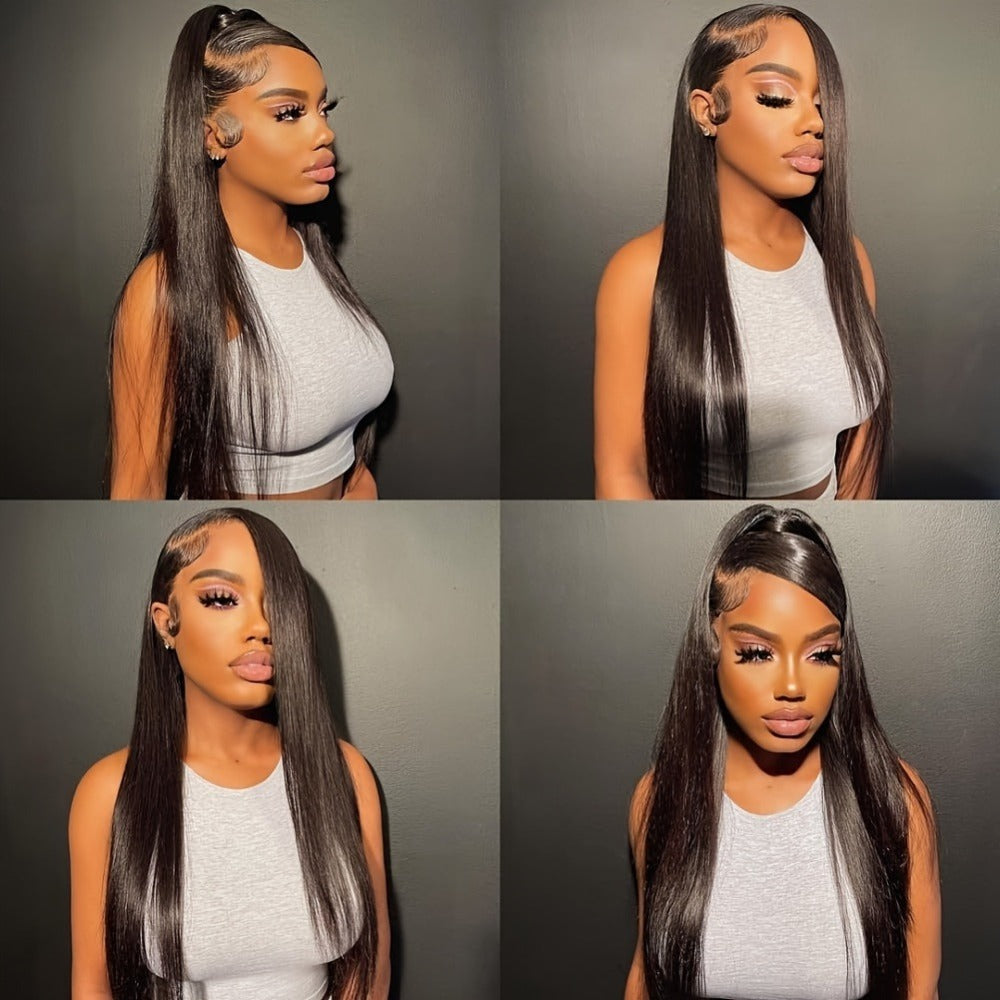 Glueless Straight Human Hair Wig 4x4 Lace Closure Pre-Plucked Natural Hairline Versatile Parting Natural Black 12-28 Inch Wom