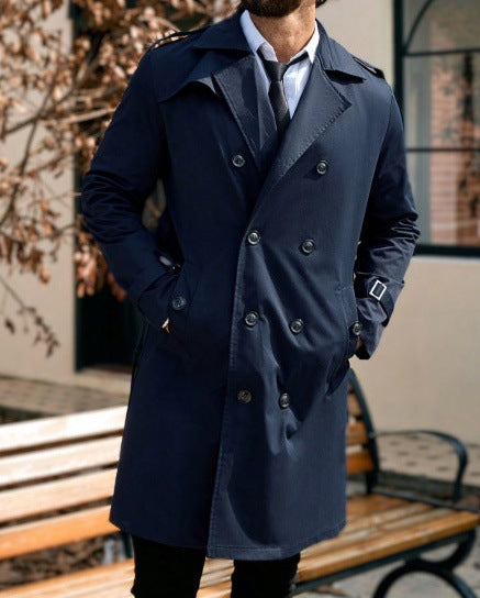 Mens Mid-length Double-breasted Casual Trench Coat