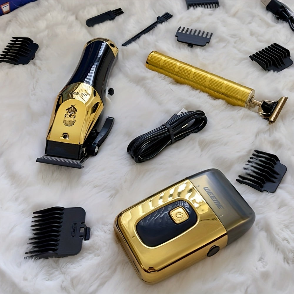 T-Blade Hair Clipper Set for Men – Golden Series USB Rechargeable Trimmer Kit with Guide Combs & Cleaning Brush, 1pc 2pcs 3pc