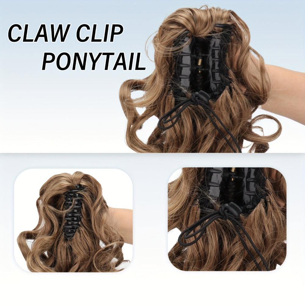 Scroll Curl Claw Clip Ponytail Extension Gradient Color 16 Inch | Synthetic Heat Resistant Hairpiece 5 Colors Linen Brown Gol