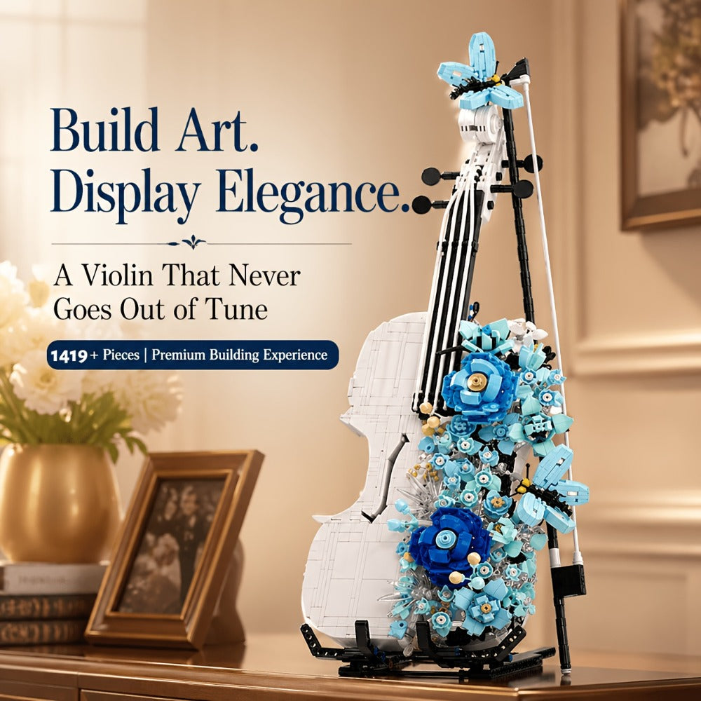 1419-Piece Flower Violin Building Block Model with Brick-Built Stand, Blue Blooms and Panel Detail — image 14