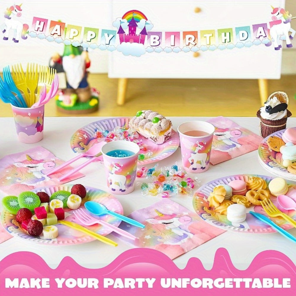 Unicorn Tableware Party Supplies Set with 145 Pieces for 24 Settings, Cups, Cutlery and Banner — image 2