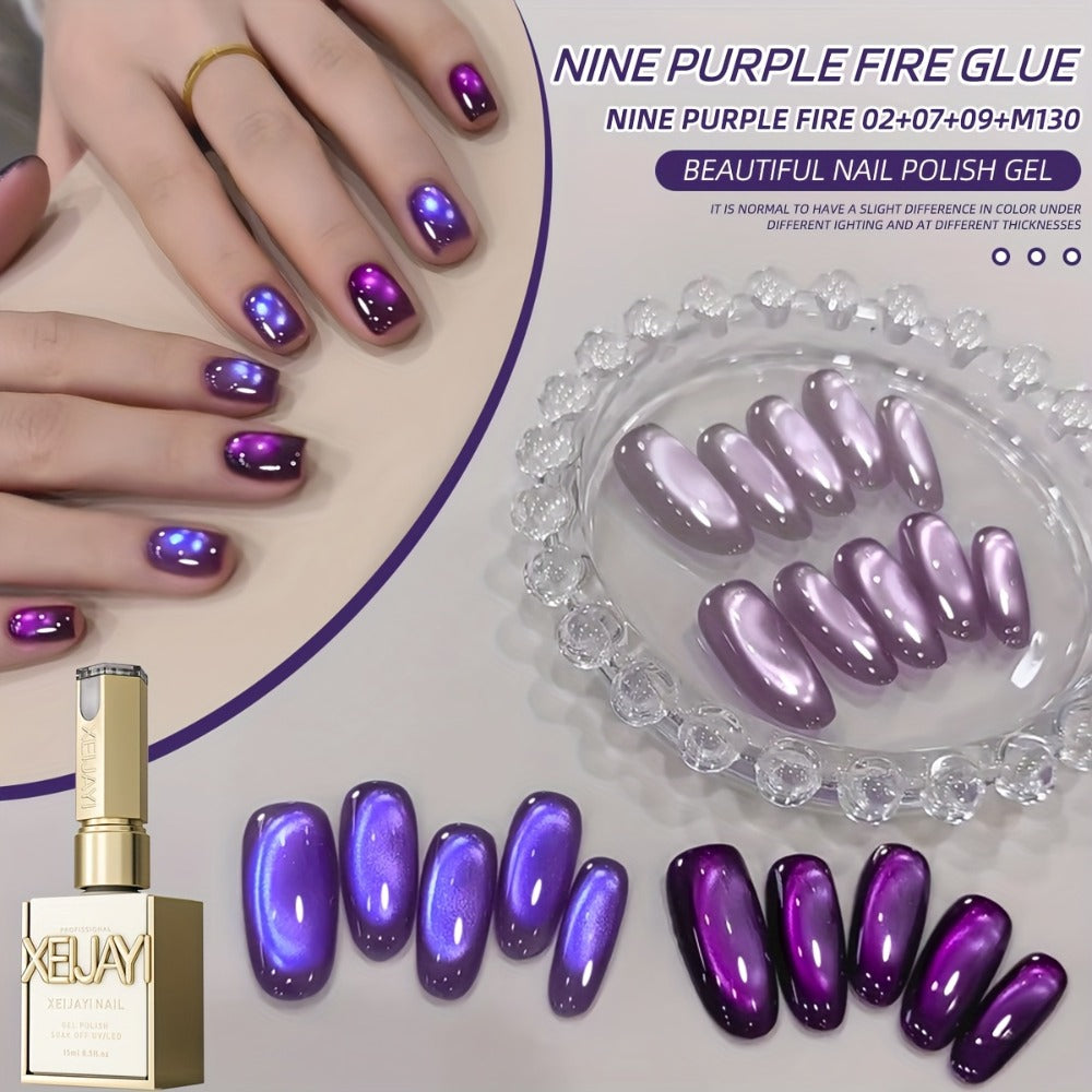 Gel Nail Polish Set with XEIJAYI Label, 4 Purple Iridescent Cat Eye Colors and M130 Gel Shade — image 7