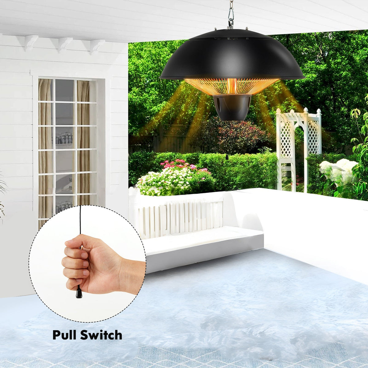 Hanging Patio Heater 1500W Electric Ceiling Mounted Heater with Halogen Tubes, 360° Coverage, Adjustable 23" Chain — image 4