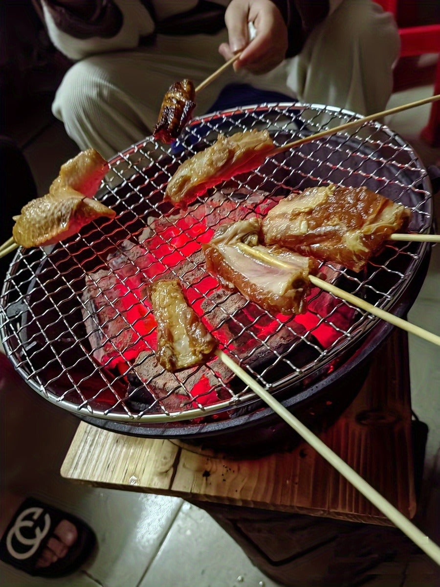 10.6-Inch Round Charcoal Grill Set with Cast-Iron Body, Cooking Grid, Wooden Base and Tongs — image 15