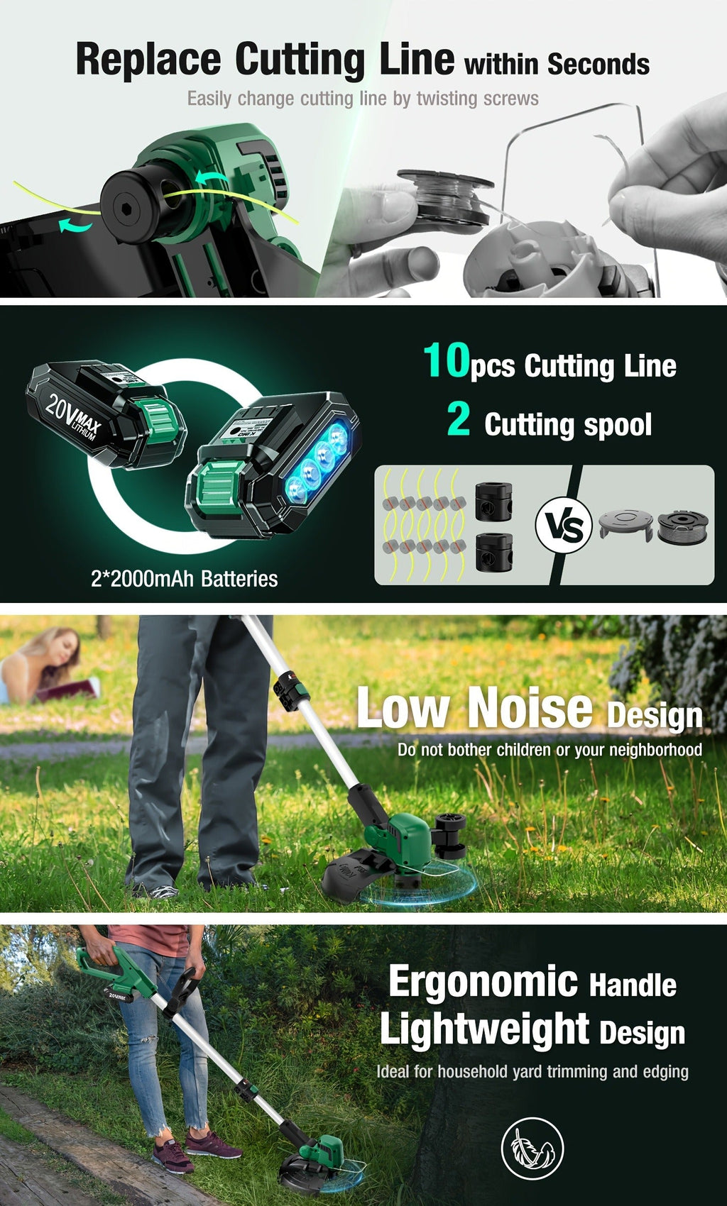 String Trimmer Cordless 2-in-1 Weed Wacker & Lawn Edger with Wheels, KIMO Brushless Motor 20000 RPM — image 15