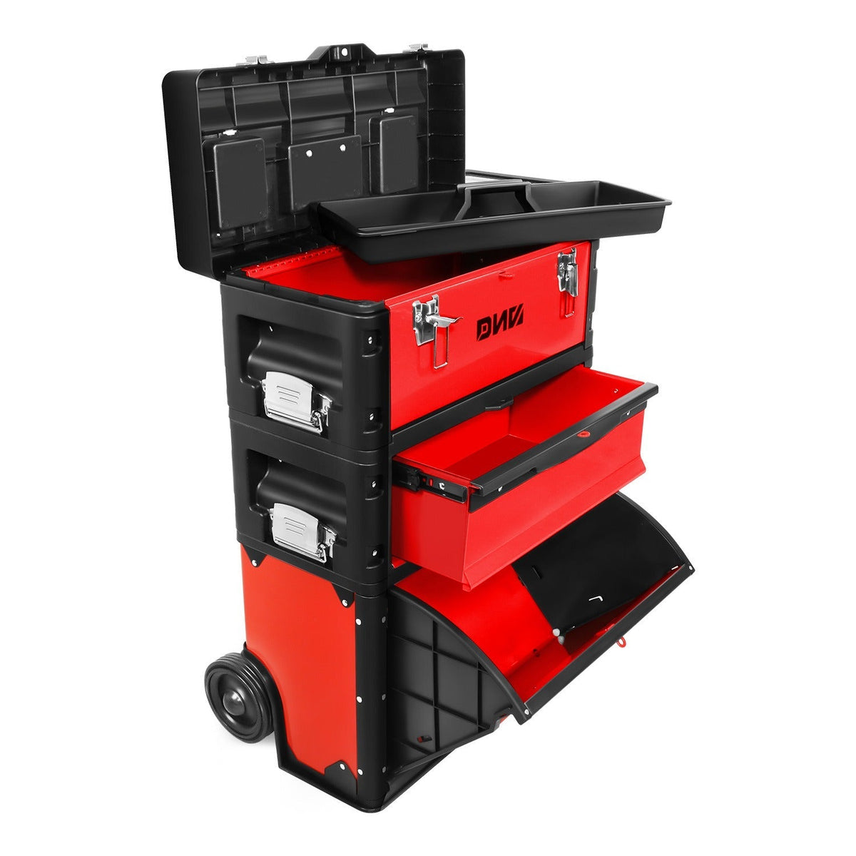 Rolling Tool Box 3-Tier Stackable Portable Toolbox with Wheels 19.5x12x28.5 Inch Steel PP 3-in-1 Detachable Compartments Meta