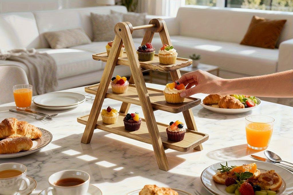 Cake Stand 3 Tier Wooden Serving Tray Farmhouse Dessert Display Cupcake Tower Bread Basket Collapsible Tiered Platter for Wed