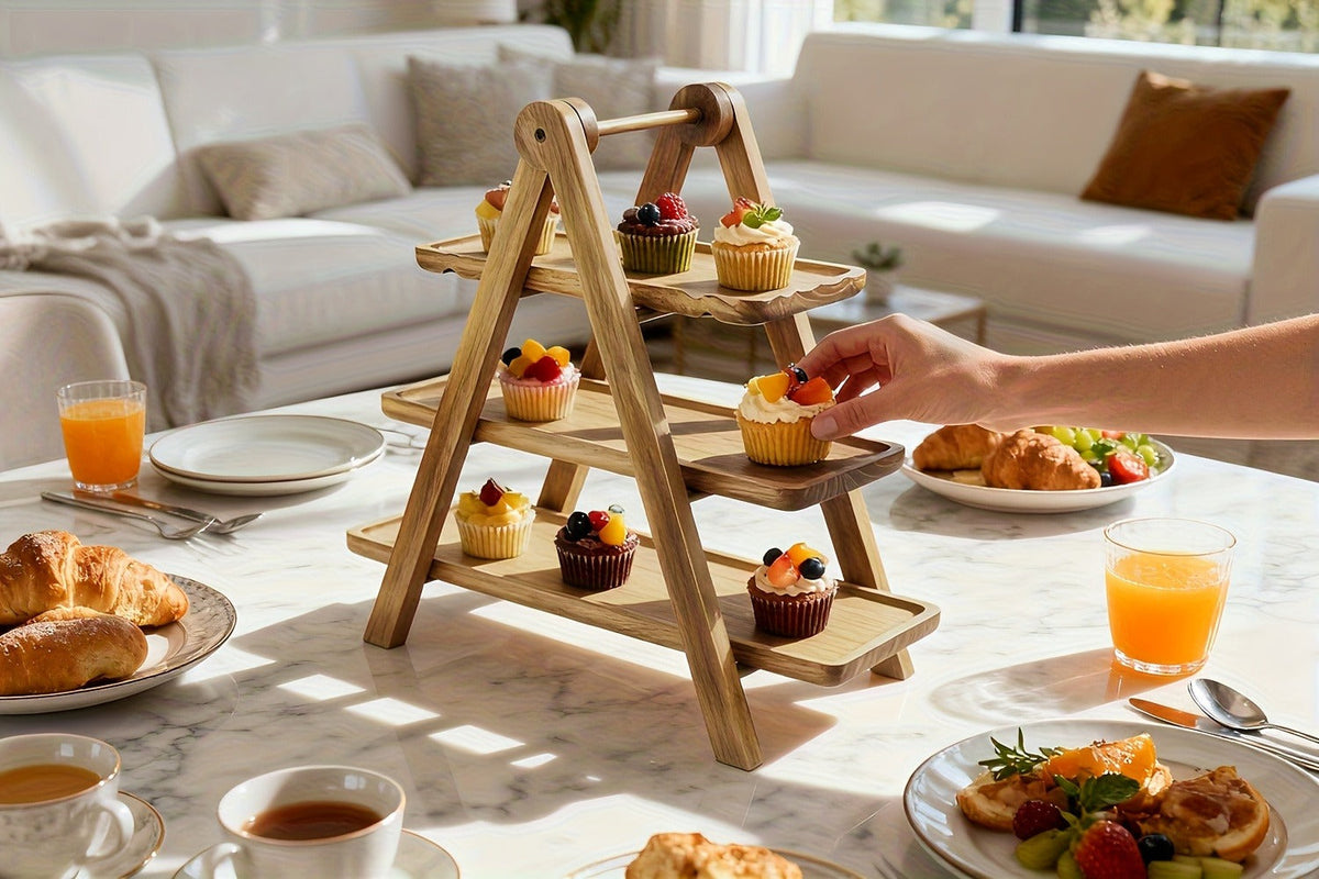 Cake Stand 3 Tier Wooden Serving Tray Farmhouse Dessert Display Cupcake Tower Bread Basket Collapsible Tiered Platter for Wed