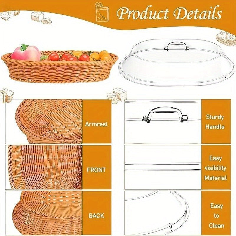 Wicker Bread Basket with Clear Acrylic Lid Rattan Storage Basket Washable Food Tray for Bread Fruit Desserts Kitchen Picnic H