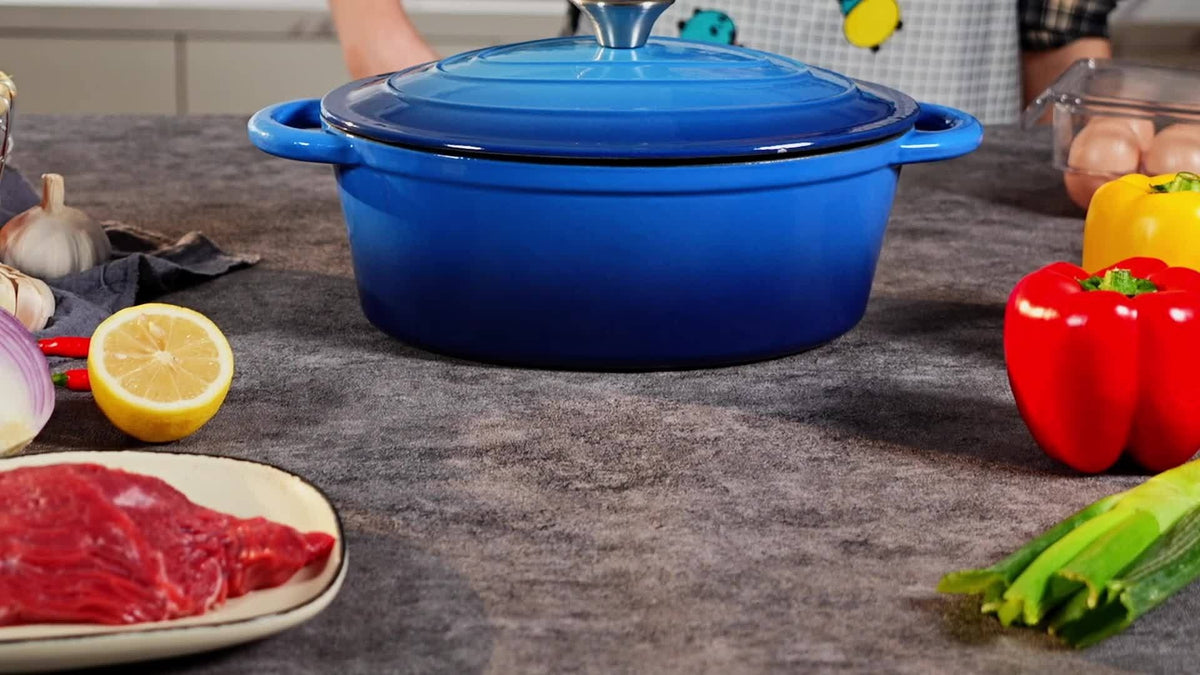 Dutch Oven Enameled Cast Iron 4.5QT with Lid & Dual Handles – Oval Non-Stick Enamel Coating for Bread Baking Soups Stews Brai