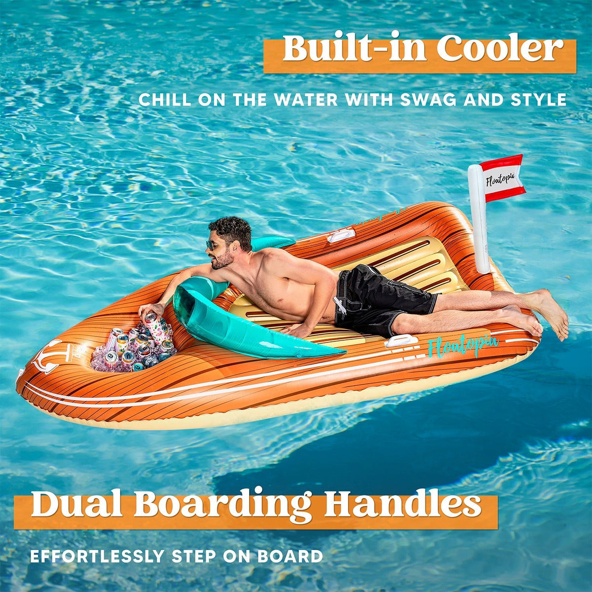 Pool Float Boat-Shaped Two-Person Raft, Over Eight Feet with Built-In Cooler, Two Handles and Tow Point — image 15