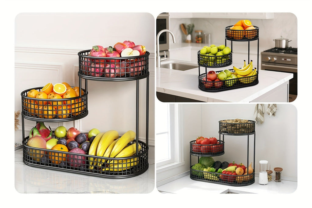 Three-Tier Black Wire Fruit Basket with Staggered Round Bowls and Rectangular Countertop Base — image 15
