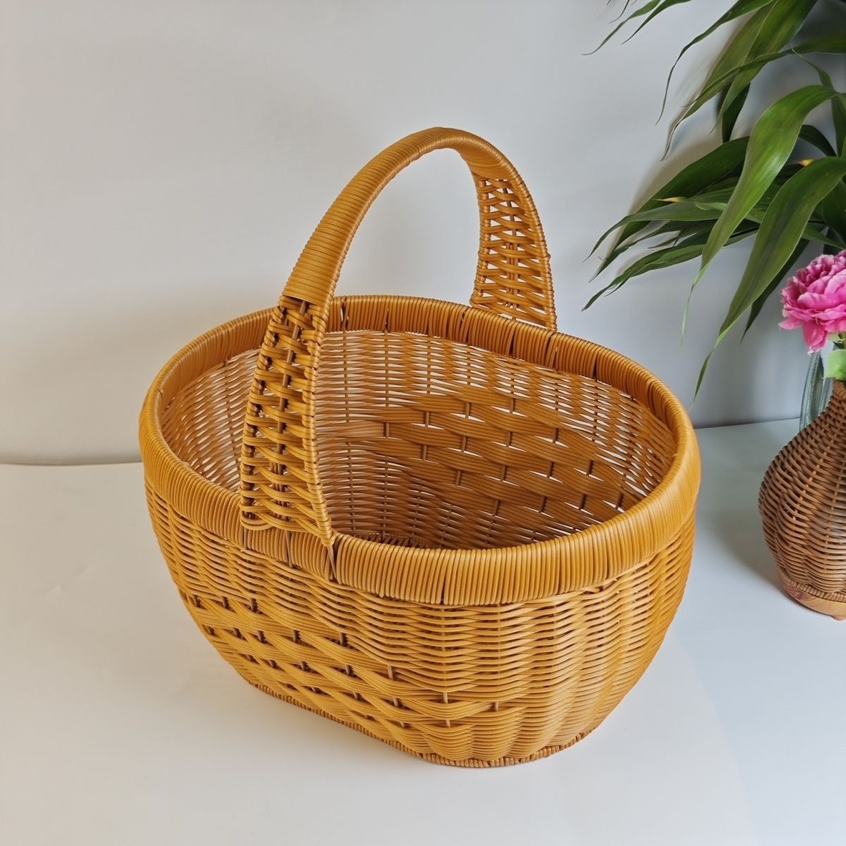 Rattan Basket Woven Shopping Basket with Handle – Extra Large Handcrafted Picnic Basket for Fruits, Eggs, Vegetables — image 