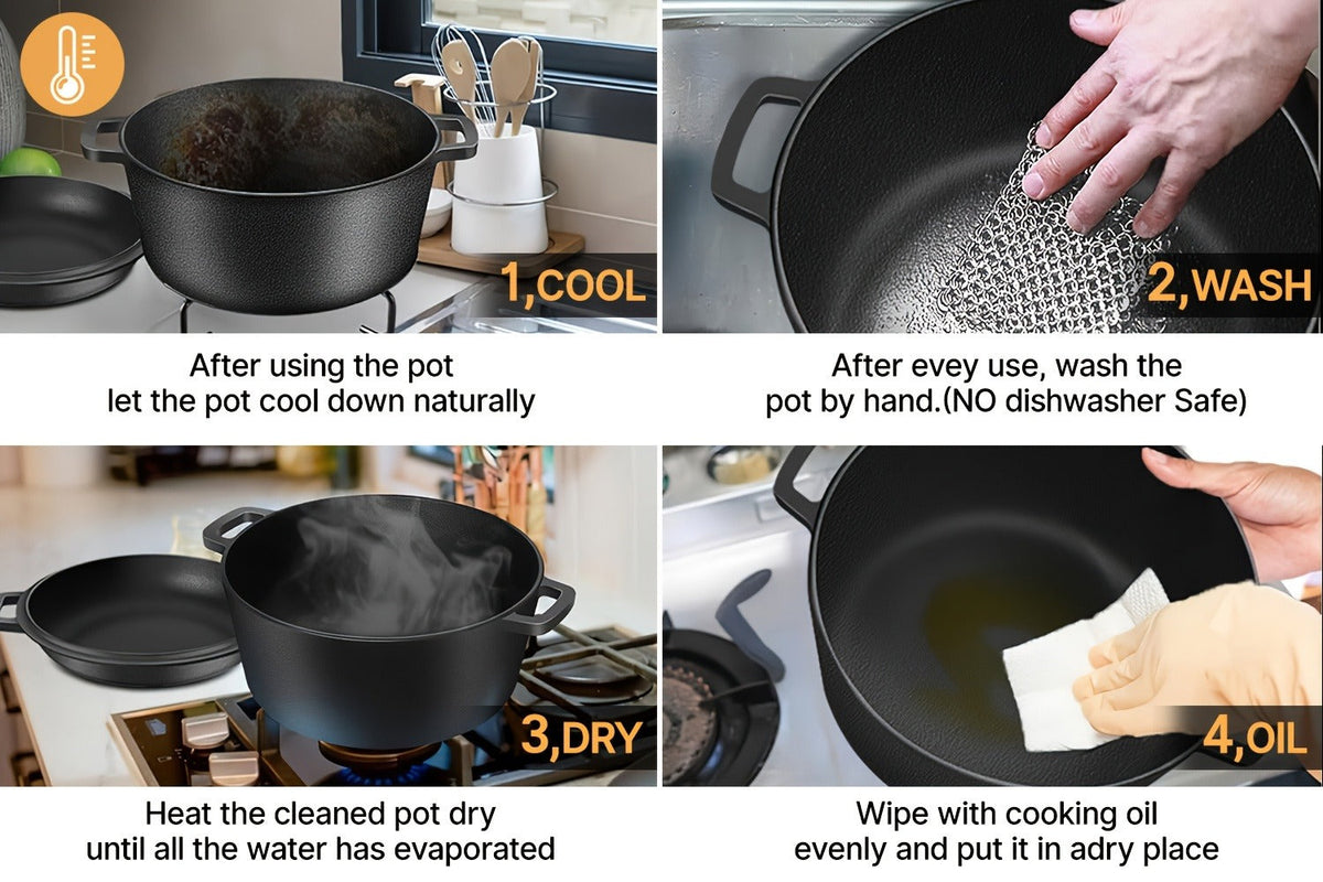 Pre-Seasoned-Labeled Cast Iron Dutch Oven with Reversible Skillet Lid, Trivet, Handle Covers and Scraper — image 15