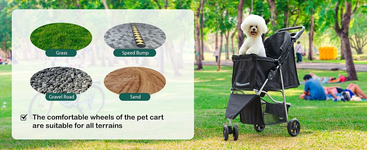 Black Three-Wheel Pet Stroller with Mesh Cabin, Front Cover, Cup Tray and Lower Storage Basket — image 9