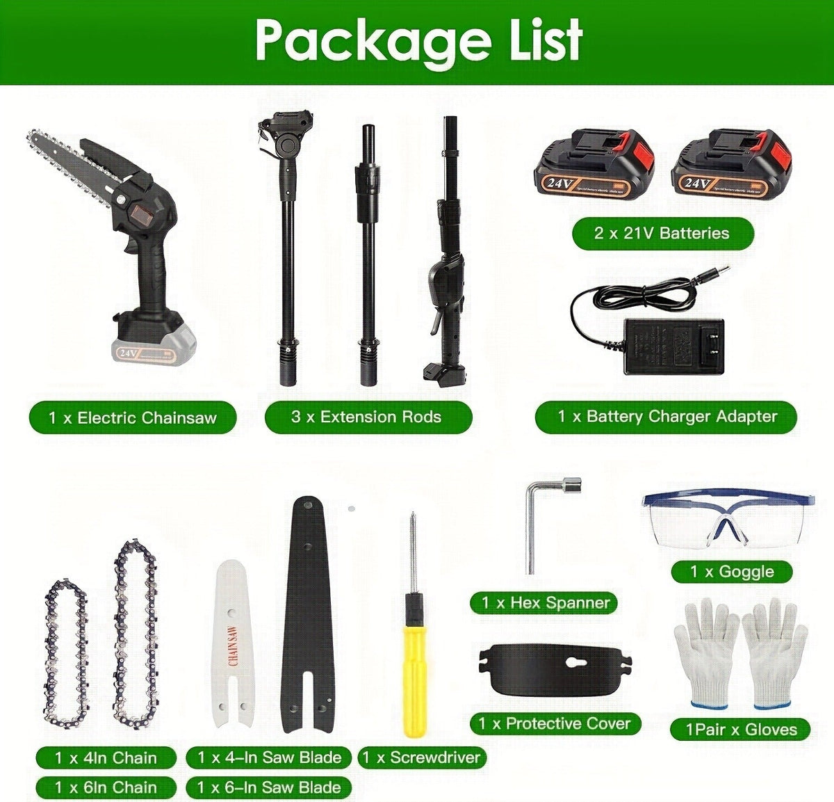 Cordless 4- and 6-Inch Pole Saw with Three Extension Sections, 90° Head, Two Batteries and Two Colors — image 5