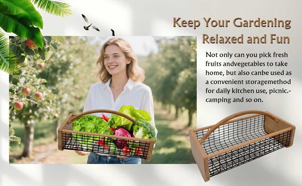 Garden Harvest Basket Metal Mesh with Wooden Handle – Rectangle Vegetable Fruit Picking Basket for Garden, Kitchen & Farmhous
