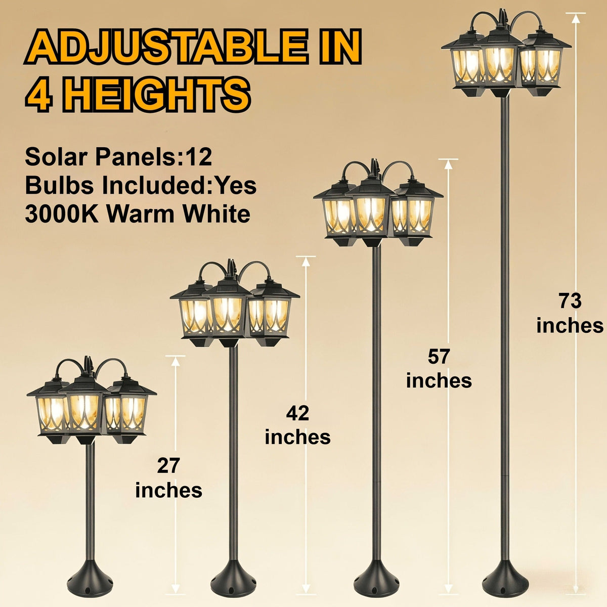 Three-Head Solar Lamp Post, Up to 73 Inches with Four Height Settings and 3000K Light Label — image 14