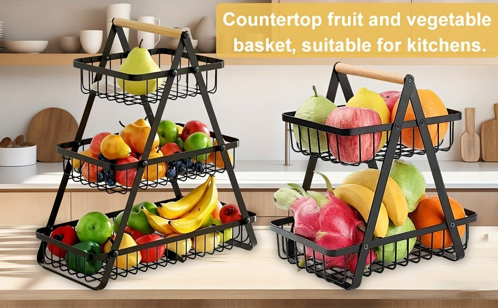Fruit Basket Kitchen Organizer 2 or 3 Tier Metal Stand with Removable Wooden Handles for Countertop — image 16