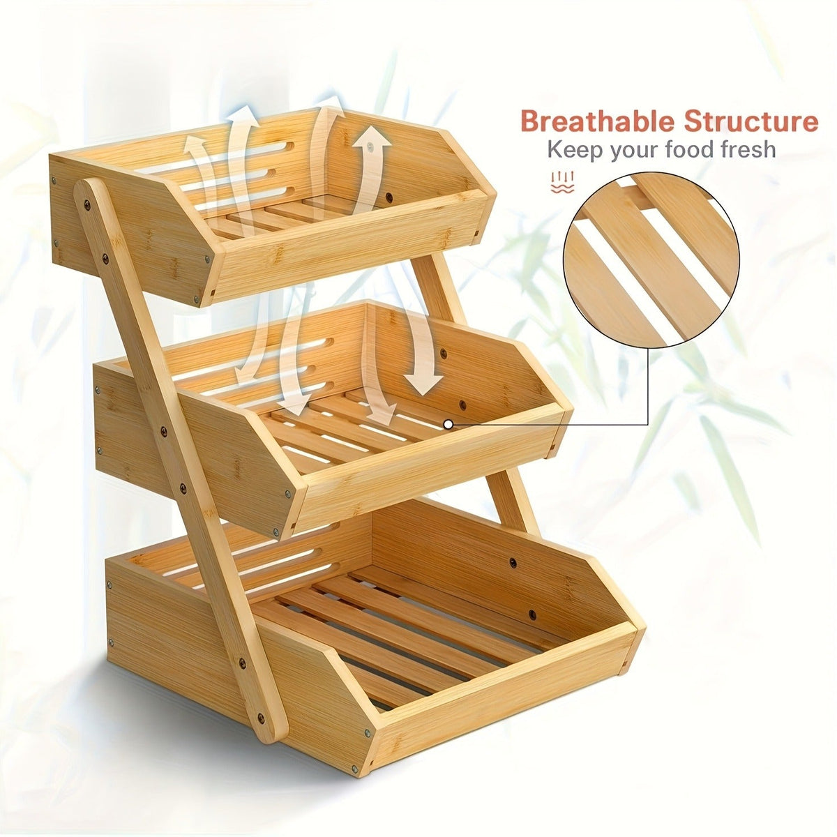 Fruit Basket Stand 2 & 3 Tier Wooden Countertop Organizer Large Capacity Kitchen Storage for Fruits Vegetables Bread Produce 