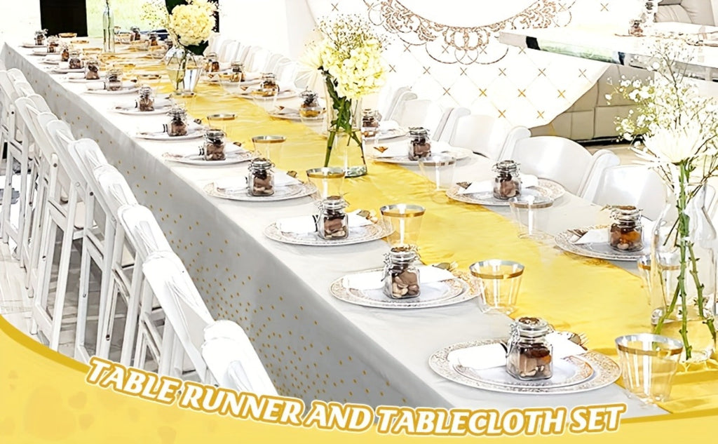 Disposable Tablecloth & Table Runner Set 10 Pack White Gold – Plastic Party Table Covers for Wedding Birthday Graduation Anni