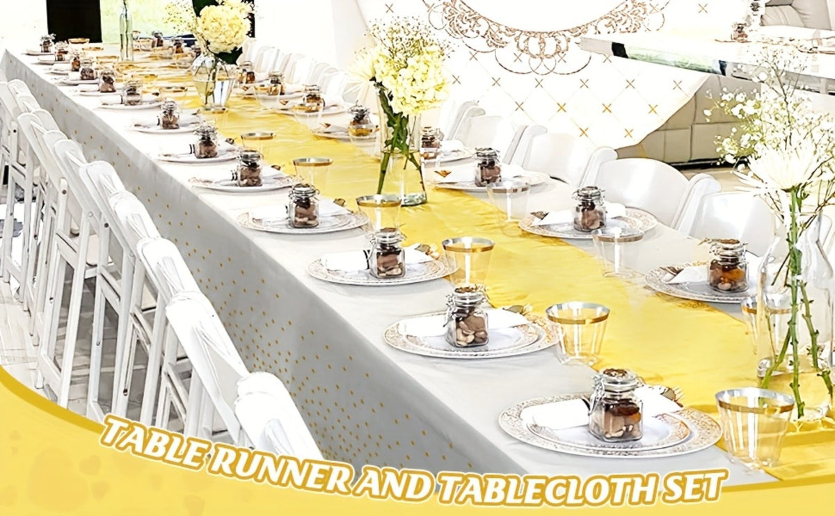 Disposable Tablecloth & Table Runner Set 10 Pack White Gold – Plastic Party Table Covers for Wedding Birthday Graduation Anni