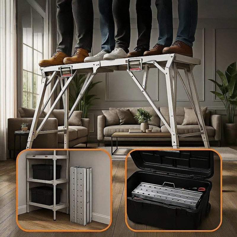 Aluminum Work Platform Height Adjustable Folding Portable Scaffold Bench Wide Base Safety Railing for Garden, Patio and Yard 