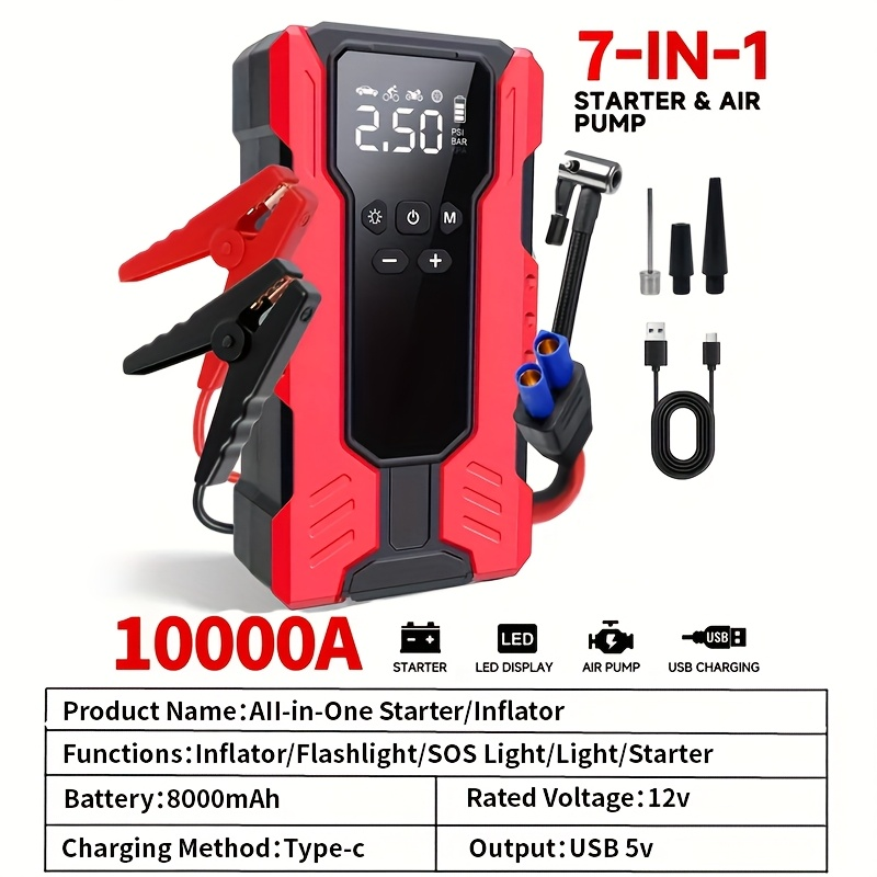 10000A Car Jump Starter with 12V Clamps, LED Light and Optional Integrated Air Pump in Red, Green or Gray — image 21