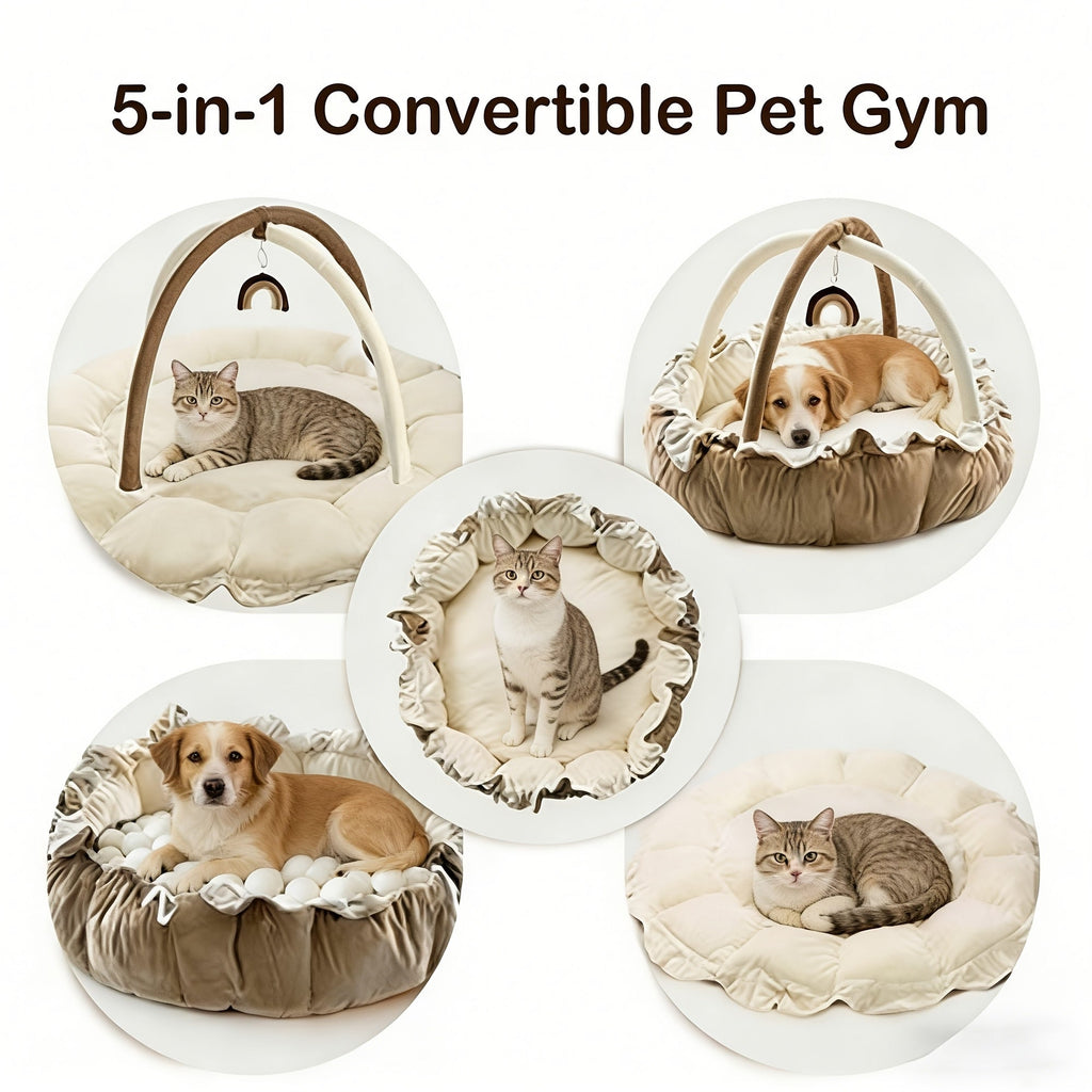 Convertible Round Pet Play Mat and Bed with Raised Sides, Removable Arches and Six Hanging Toys — image 6